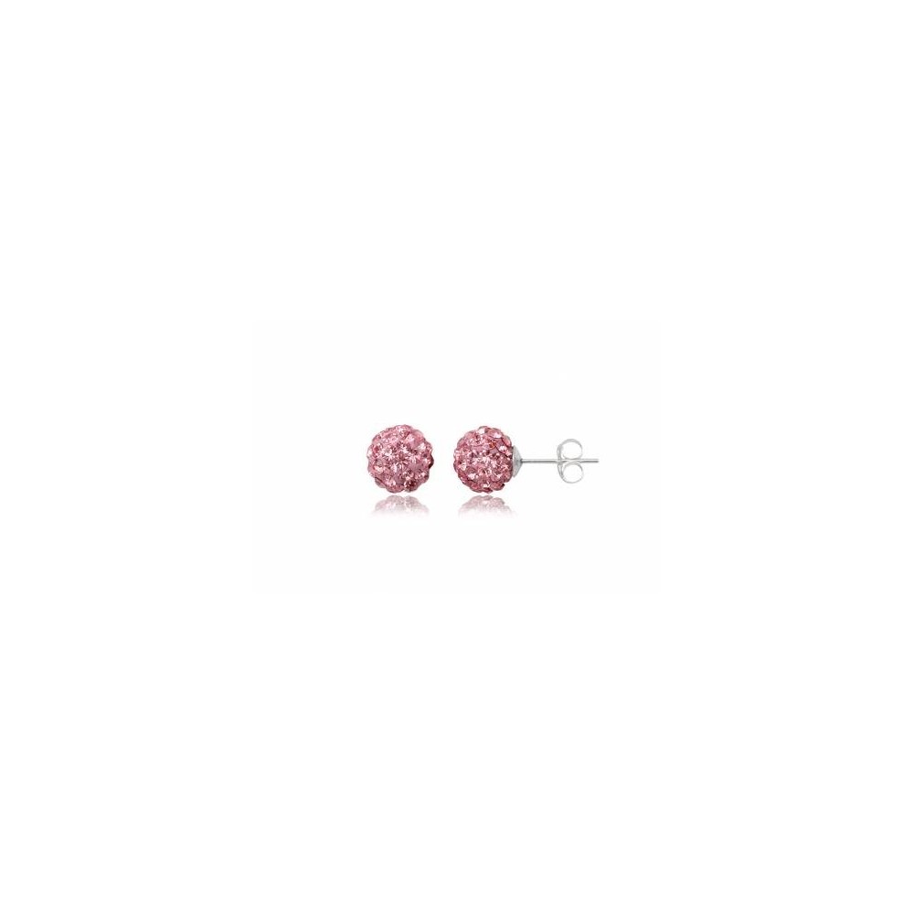 Boucles d'oreilles strass rose et argent, forme boule