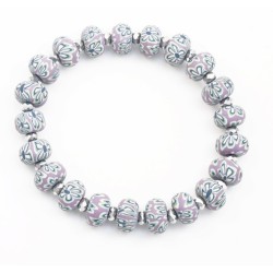 Bracelet élastique perles violettes fimo fleurs et perle cristal