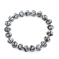 Bracelet élastique perles fimo fleurs noires et perle cristal