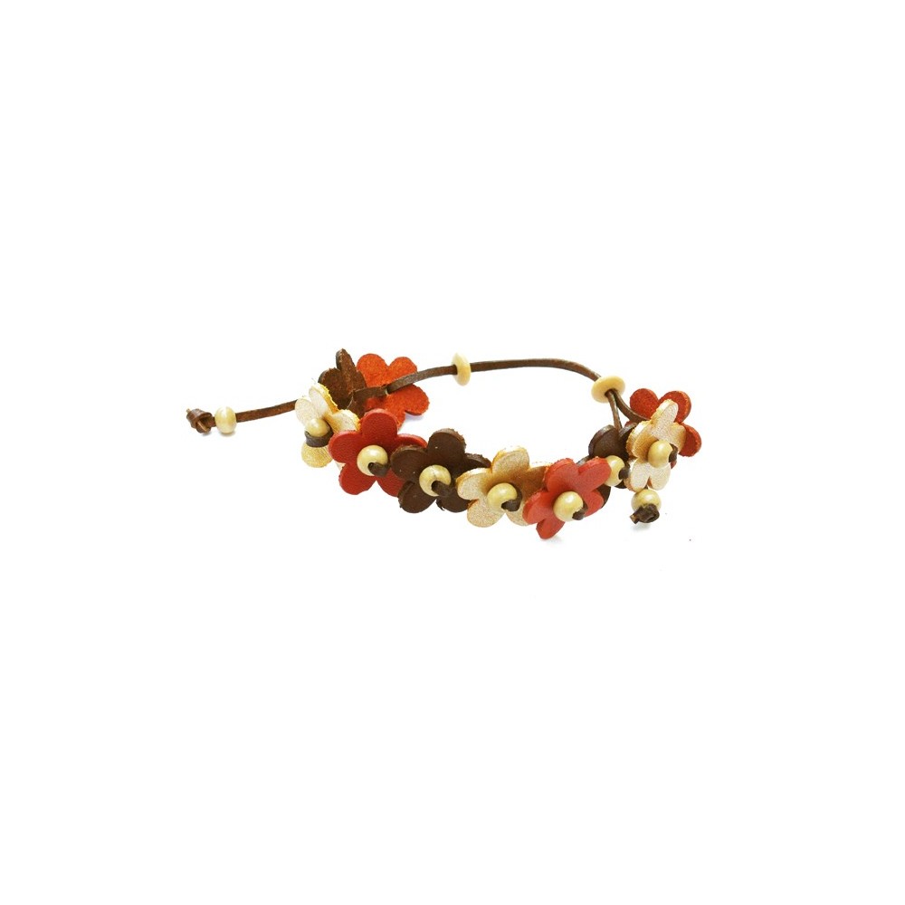 bracelet en cuir avec fleurs argent, or, marron, orange