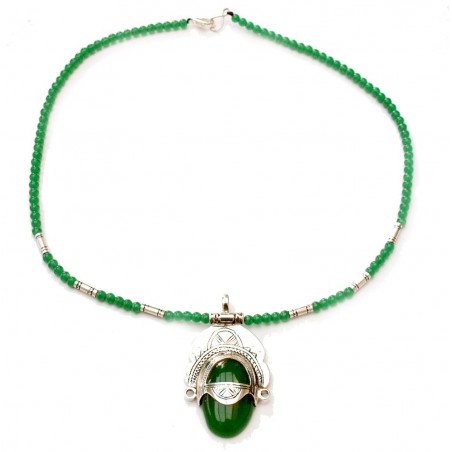 Collier touareg déesse en argent et perles de verre vert
