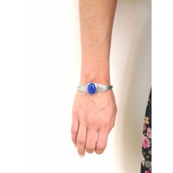 Gros Bracelet rigide touareg en argent gravéet medaillon en agate bleue
