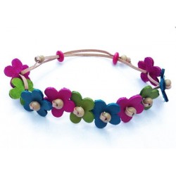 bracelet en cuir avec fleurs bleu, vert et rose