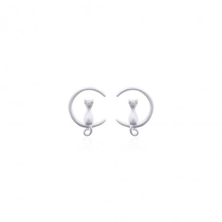 earrings stud, silver moon and cat