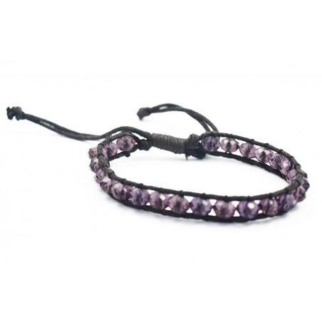 Bracelet perles de cristal violet et fil de coton noir