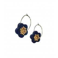 Boucles d'oreilles, créoles fleur bleue en céramique - Modèle unique artisanal