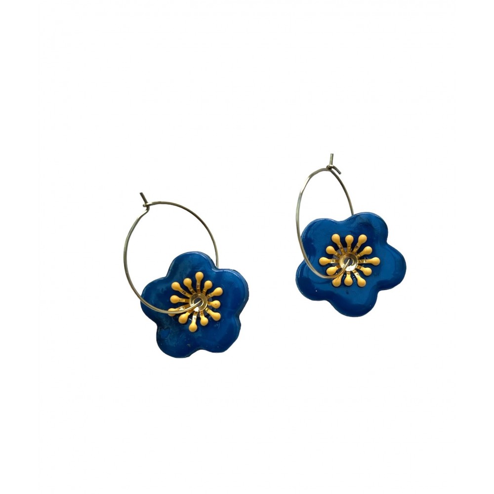 Boucles d'oreilles, créoles fleur bleue - Modèle unique artisanal
