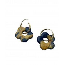 Boucles d'oreilles, créoles fleurs bleues et or - Modèle unique fait main