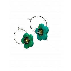 Boucles d'oreilles, créoles fleur verte - Modèle fait main